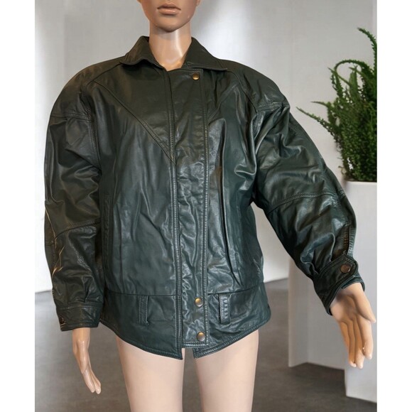Vintage 80s Pelle Cuir Green Pine Leather Crop Jacket Sz S Small - Picture 1 of 15